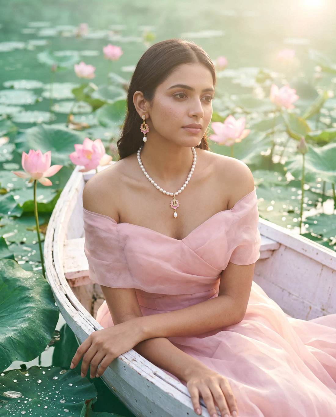 Pink Enamel Lotus Pendant Pearl Necklace Set