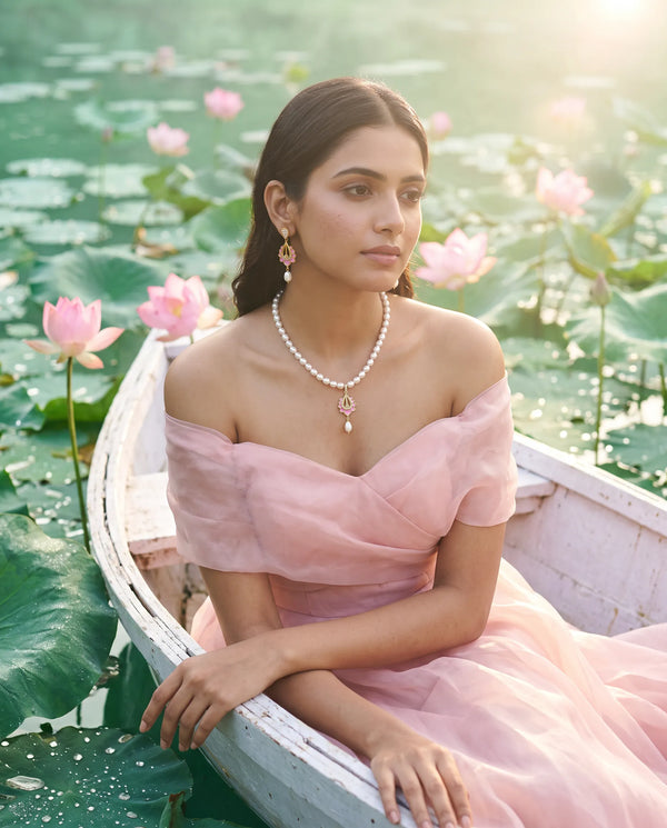 Pink Enamel Lotus Pendant Pearl Necklace Set