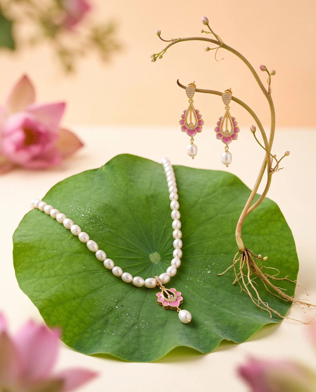 Pink Enamel Lotus Pendant Pearl Necklace Set