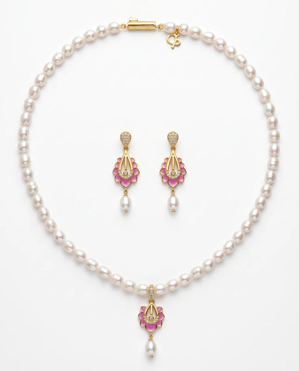 Pink Enamel Lotus Pendant Pearl Necklace Set