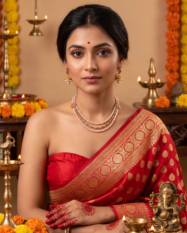 Gold-Tone Double-Strand Ruby CZ Pearl Jewellery Set