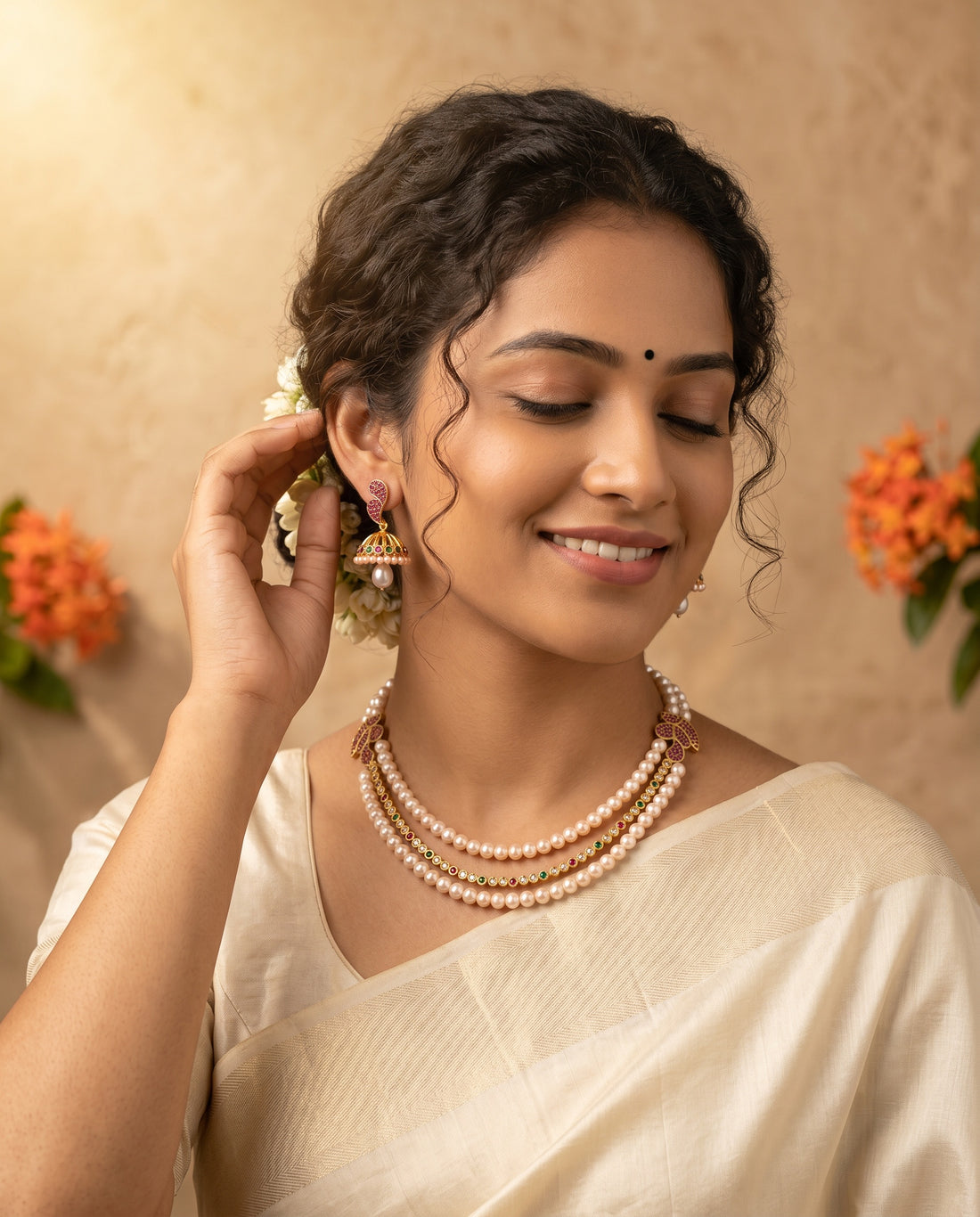 Traditional Gold Plated Multi-Strand Pearl Jewellery Set