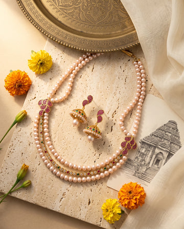 Traditional Gold Plated Multi-Strand Pearl Jewellery Set