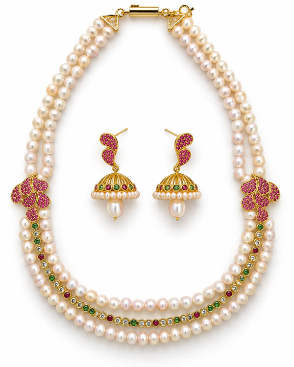 Gold-Tone Double-Strand Ruby CZ Pearl Jewellery Set