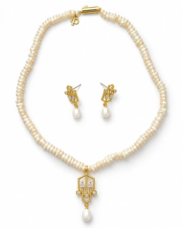 Gold-Tone Art Deco Geometric Pendant Freshwater Pearl Necklace Set