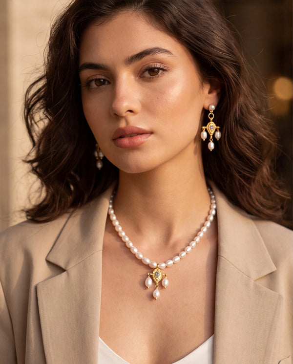 Ornate Gold-Tone & Freshwater Pearl Chandelier Pendant Necklace Set