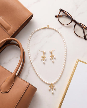 Ornate Gold-Tone & Freshwater Pearl Chandelier Pendant Necklace Set