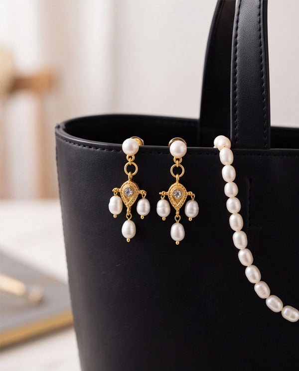 Ornate Gold-Tone & Freshwater Pearl Chandelier Pendant Necklace Set