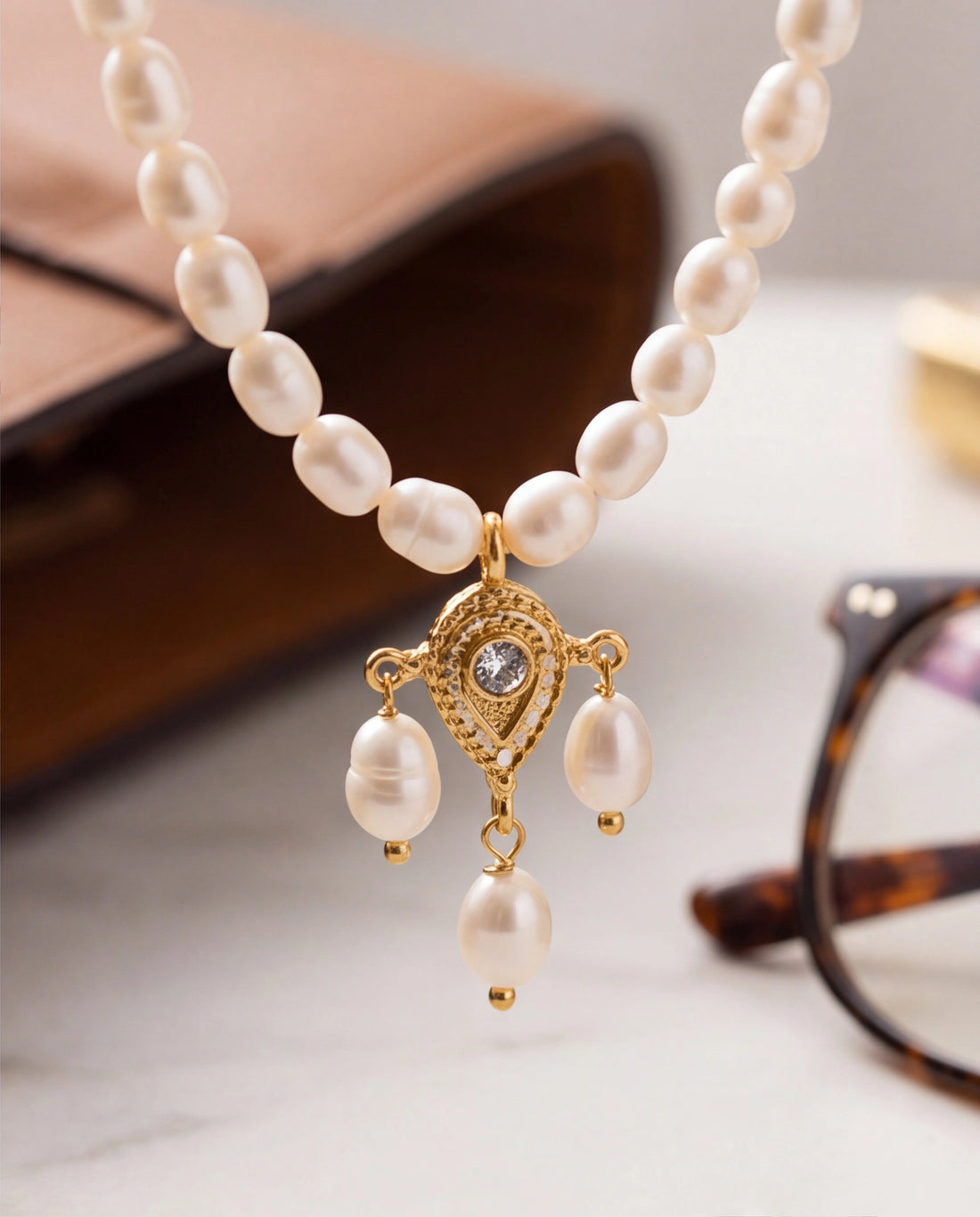 Ornate Gold-Tone & Freshwater Pearl Chandelier Pendant Necklace Set