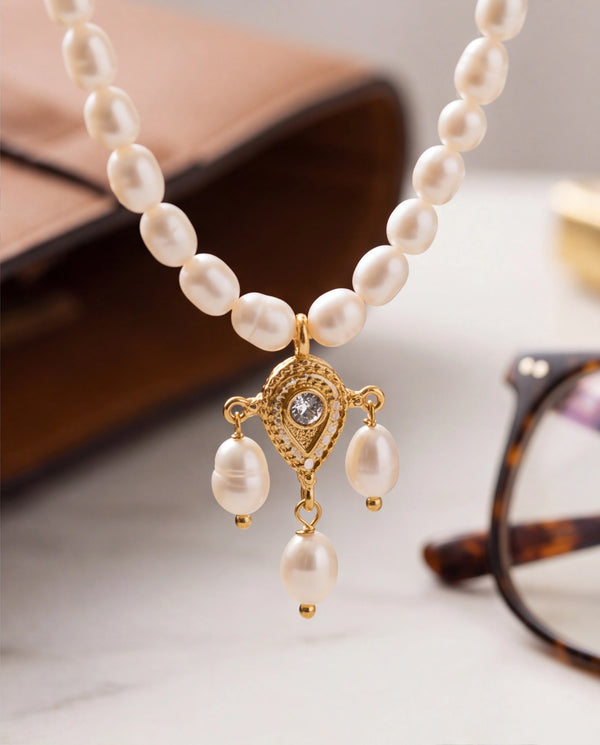 Ornate Gold-Tone & Freshwater Pearl Chandelier Pendant Necklace Set