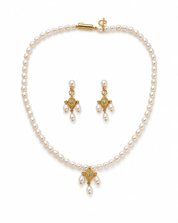 Ornate Gold-Tone & Freshwater Pearl Chandelier Pendant Necklace Set