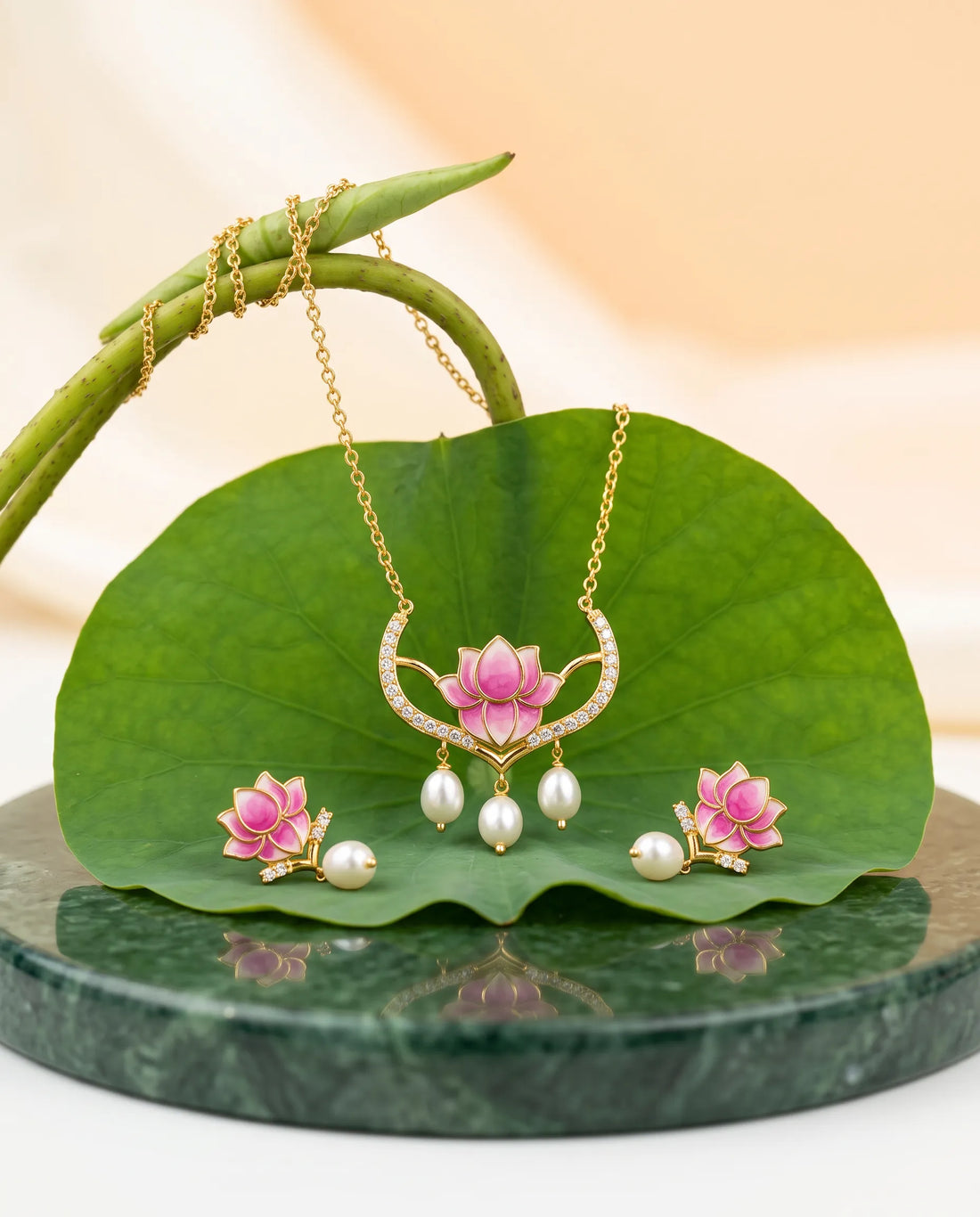 Pink Enamel Lotus Crescent Pearl Pendant Necklace Set