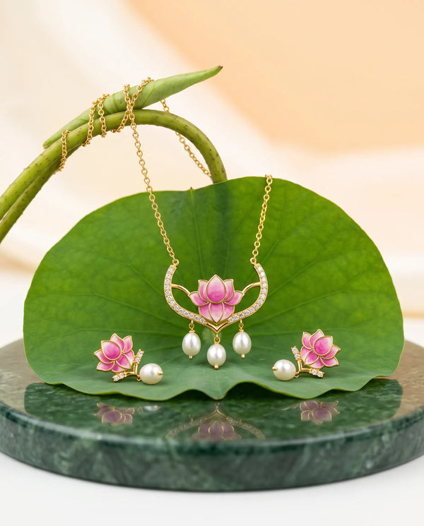 Pink Enamel Lotus Crescent Pearl Pendant Necklace Set