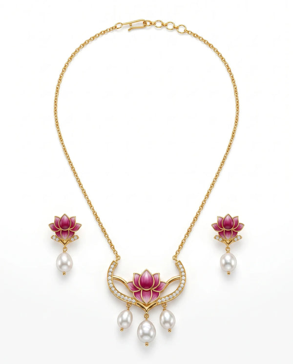 Pink Enamel Lotus Crescent Pearl Pendant Necklace Set