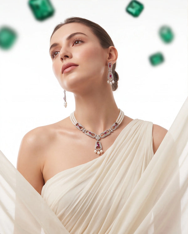 Three-Strand Pearl Necklace and Earring Set with Rhodium Openwork CZ & Ruby Motifs