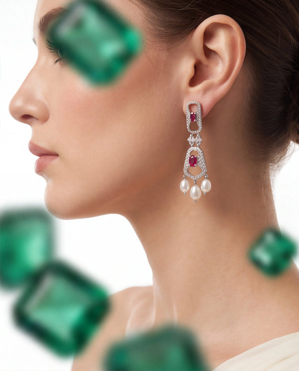 Three-Strand Pearl Necklace and Earring Set with Rhodium Openwork CZ & Ruby Motifs