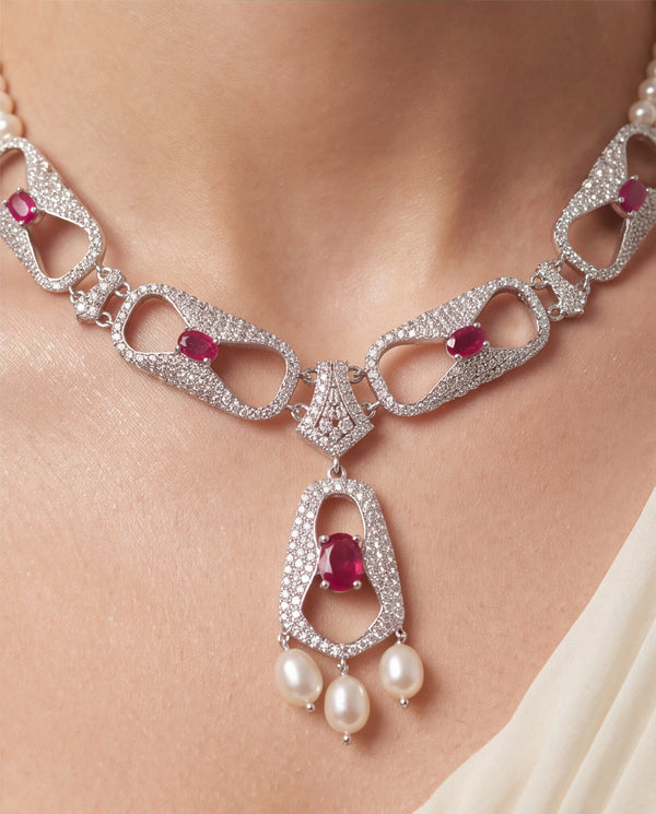 Three-Strand Pearl Necklace and Earring Set with Rhodium Openwork CZ & Ruby Motifs