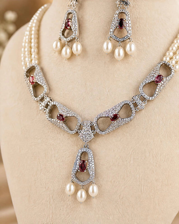 Three-Strand Pearl Necklace and Earring Set with Rhodium Openwork CZ & Ruby Motifs