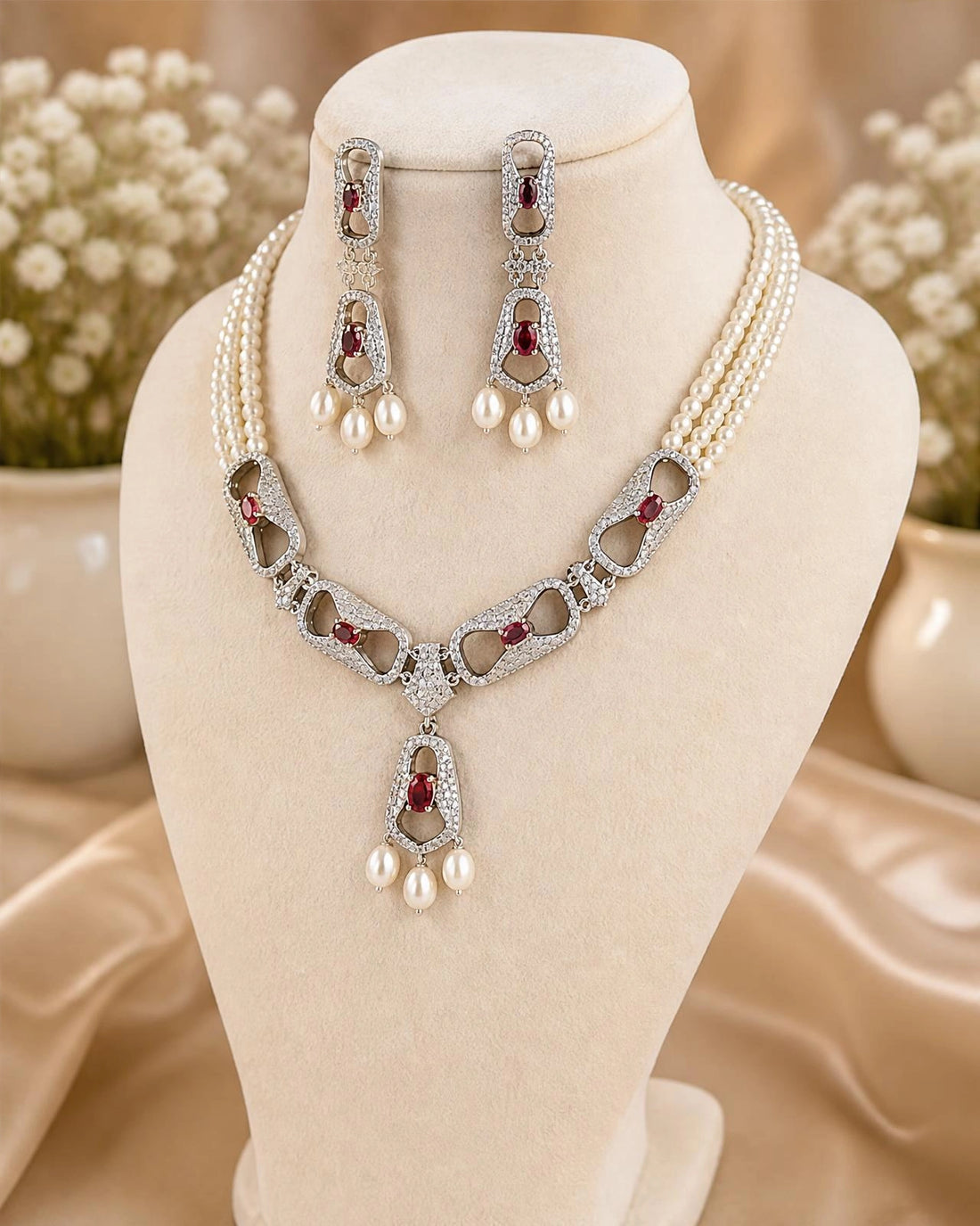 Three-Strand Pearl Necklace and Earring Set with Rhodium Openwork CZ & Ruby Motifs
