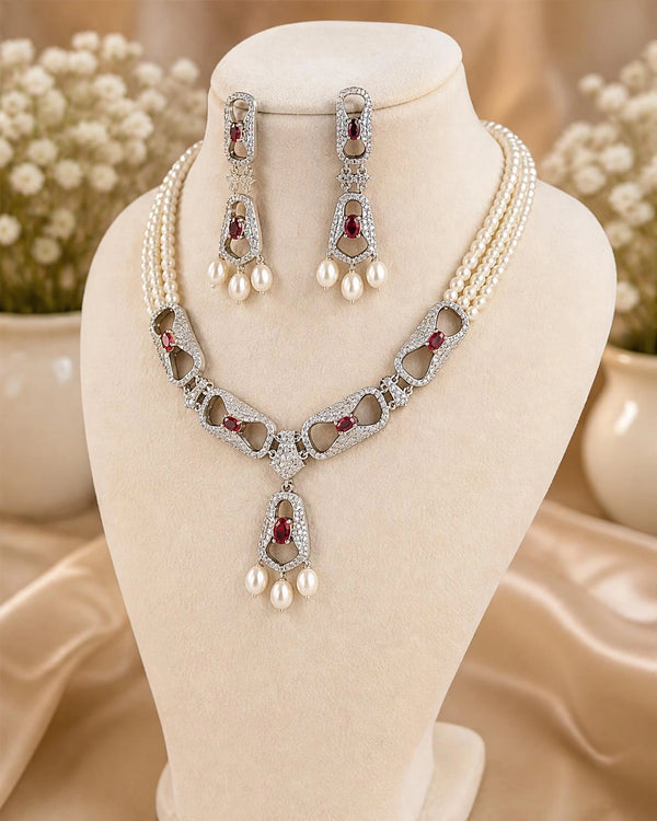 Three-Strand Pearl Necklace and Earring Set with Rhodium Openwork CZ & Ruby Motifs