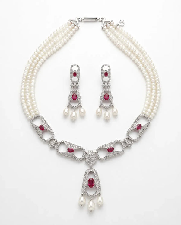 Three-Strand Pearl Necklace and Earring Set with Rhodium Openwork CZ & Ruby Motifs