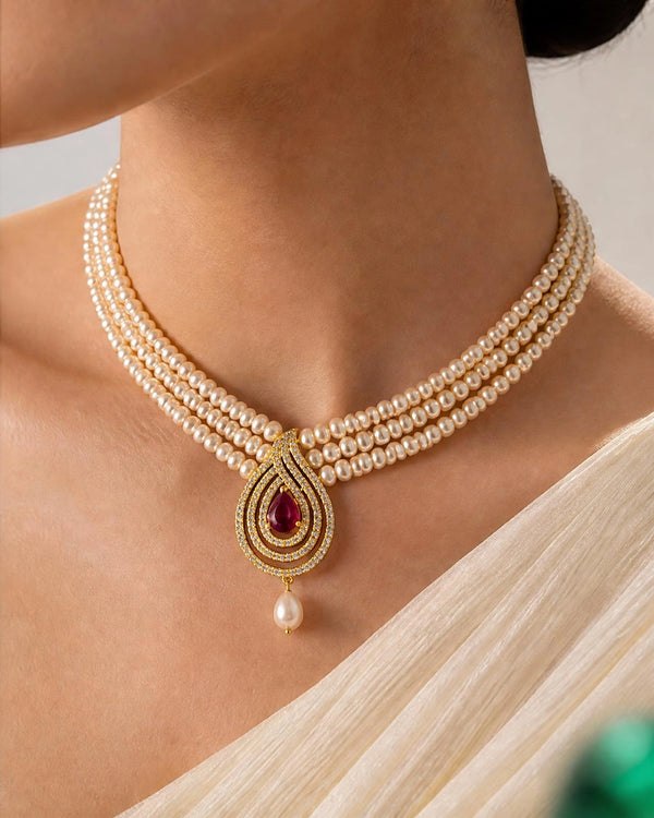 Royal Peach Freshwater Pearl Triple-Strand Set with Paisley Ruby Motif
