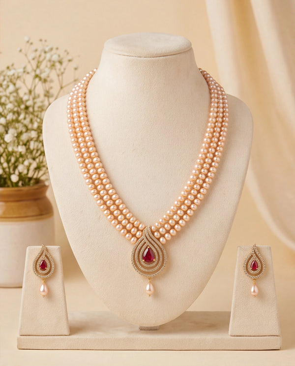 Royal Peach Freshwater Pearl Triple-Strand Set with Paisley Ruby Motif