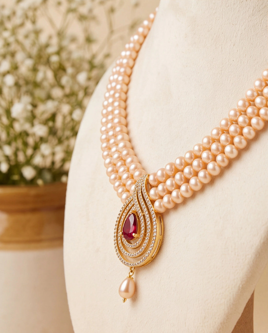 Royal Peach Freshwater Pearl Triple-Strand Set with Paisley Ruby Motif