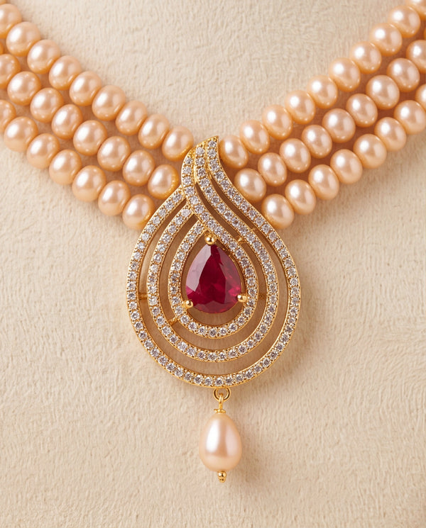 Royal Peach Freshwater Pearl Triple-Strand Set with Paisley Ruby Motif