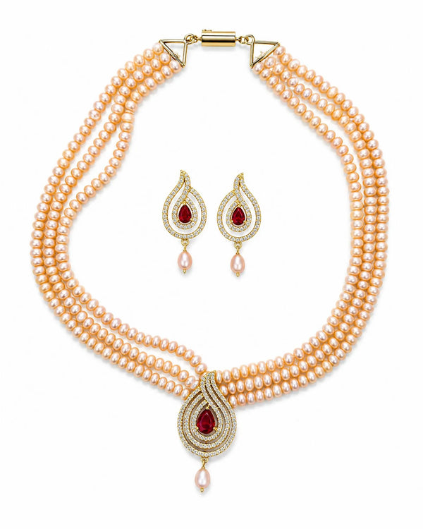Royal Peach Freshwater Pearl Triple-Strand Set with Paisley Ruby Motif