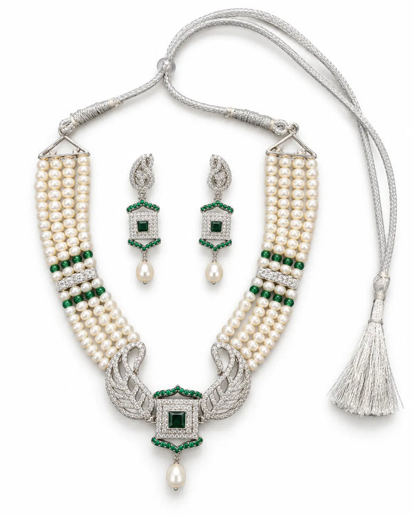 Silver-Tone Multi-Strand Pearl & Emerald Choker Jewellery Set