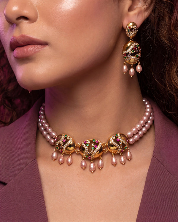 Gold Double-Strand Peach Pearl Necklace Set
