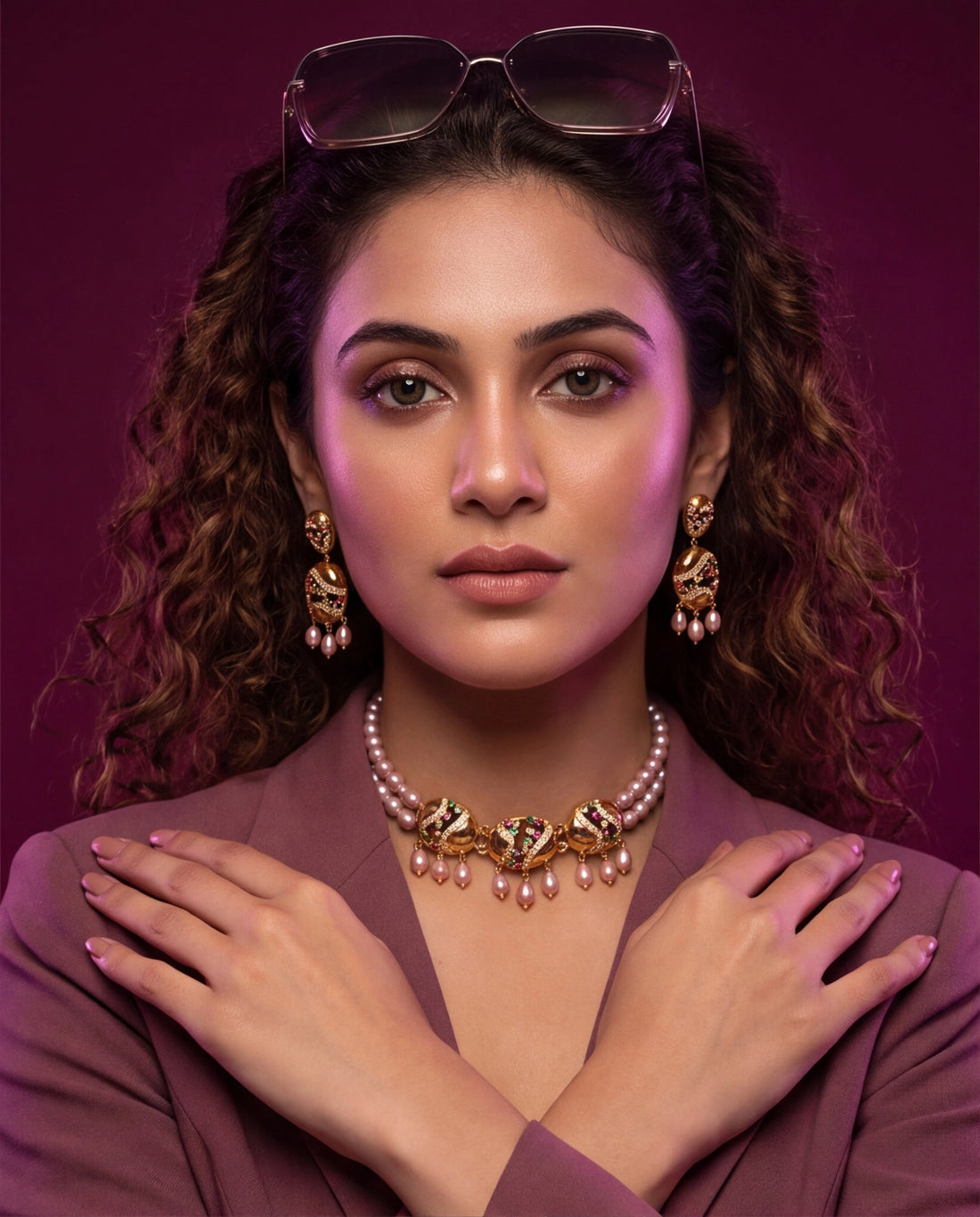 Gold Double-Strand Peach Pearl Necklace Set