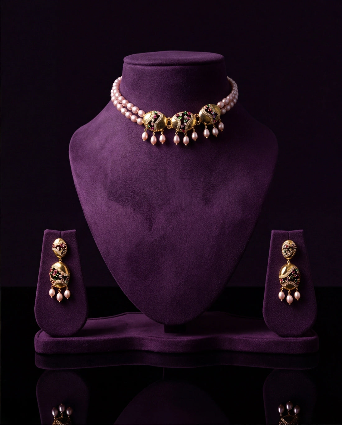 Gold Double-Strand Peach Pearl Necklace Set