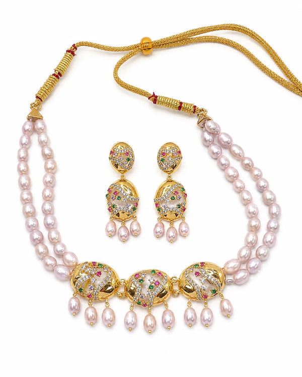 Gold Double-Strand Peach Pearl Necklace Set