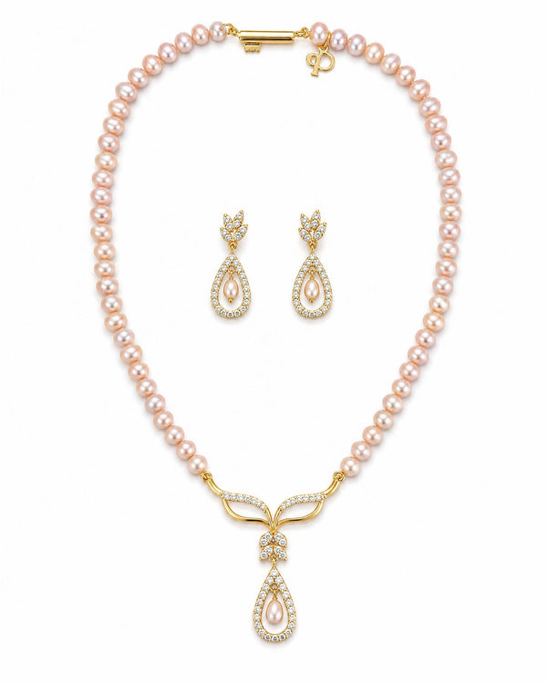 Gold Plated Botanical Teardrop Pink Pearl Jewellery Set