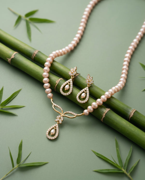 Gold Plated Botanical Teardrop Pink Pearl Jewellery Set