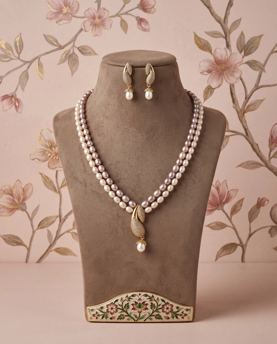 Dual-Tone Cream & Lavender Pearl Necklace Set with CZ Drop