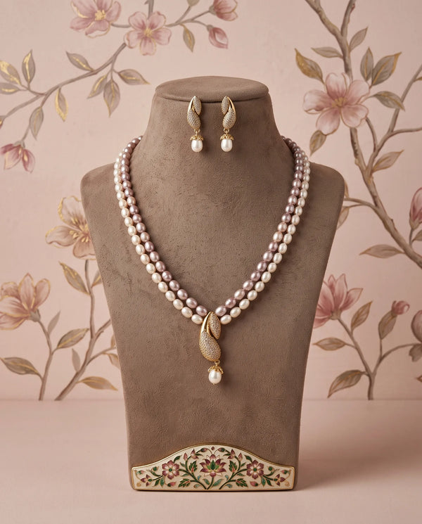 Dual-Tone Cream & Lavender Pearl Necklace Set with CZ Drop