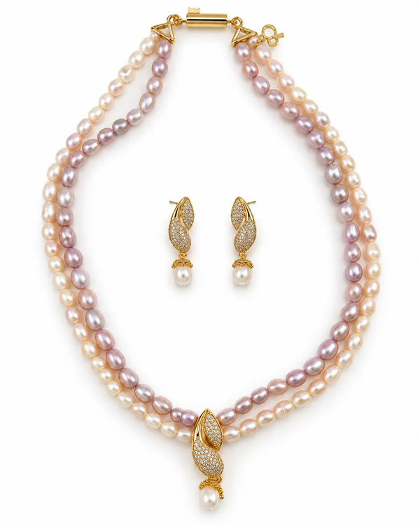 Dual-Tone Cream & Lavender Pearl Necklace Set with CZ Drop