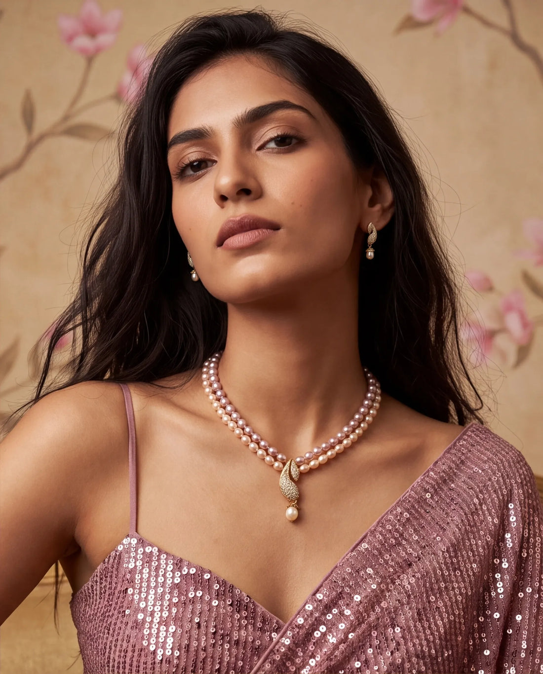 Dual-Tone Cream & Lavender Pearl Necklace Set with CZ Drop