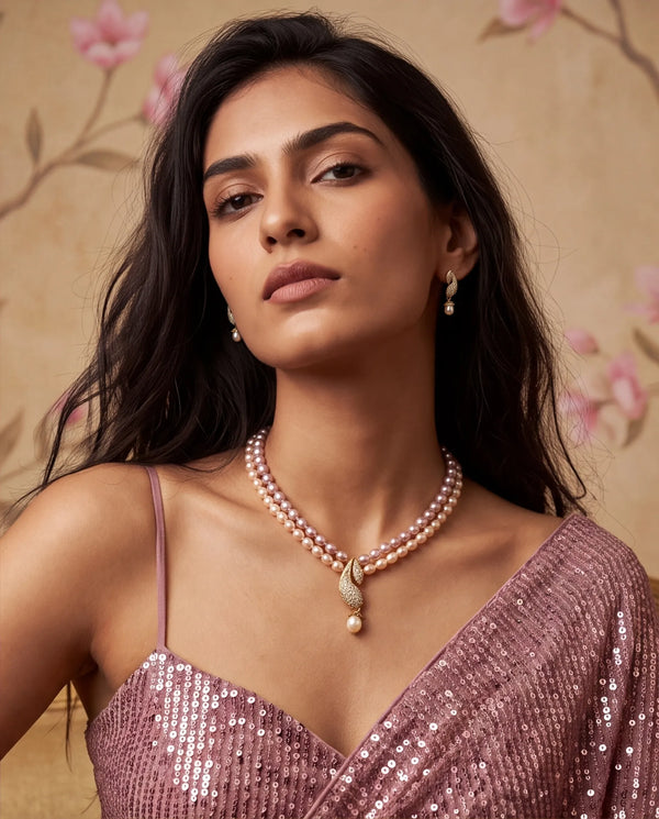 Dual-Tone Cream & Lavender Pearl Necklace Set with CZ Drop