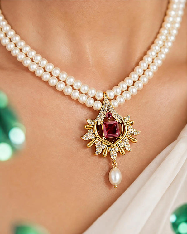 Celestial Sunburst Ruby & Pavé CZ Double Strand Pearl Jewellery Set