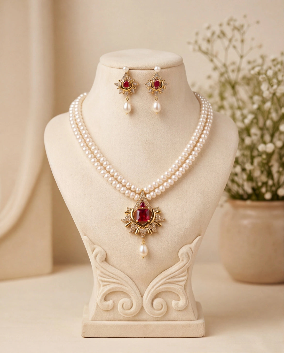 Celestial Sunburst Ruby & Pavé CZ Double Strand Pearl Jewellery Set