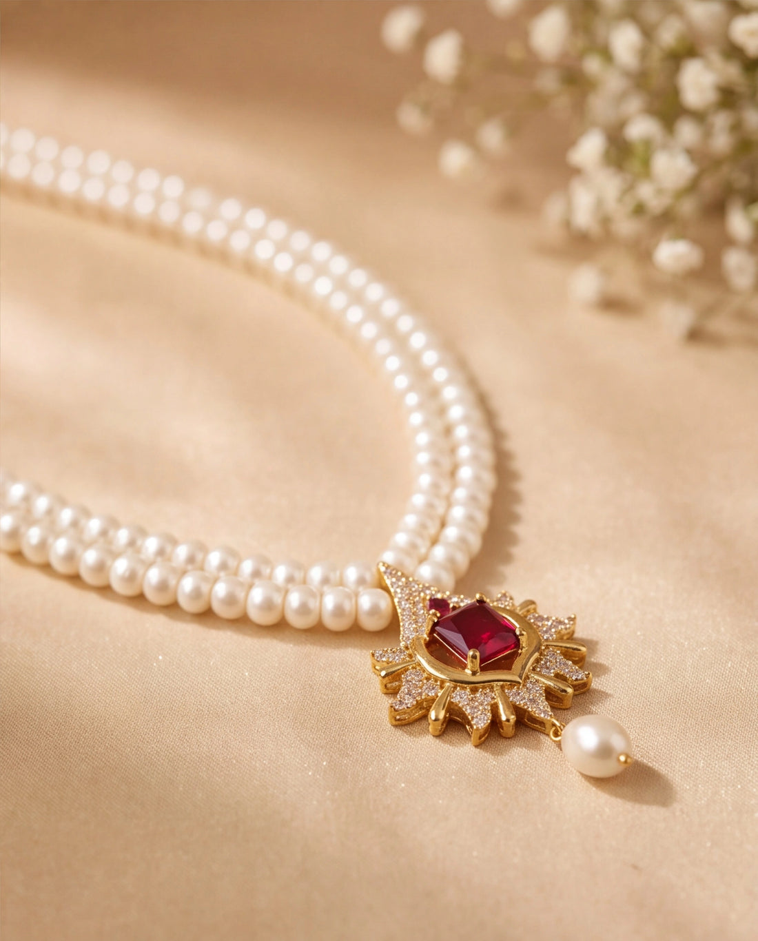 Celestial Sunburst Ruby & Pavé CZ Double Strand Pearl Jewellery Set