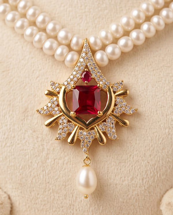 Celestial Sunburst Ruby & Pavé CZ Double Strand Pearl Jewellery Set