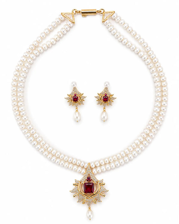 Celestial Sunburst Ruby & Pavé CZ Double Strand Pearl Jewellery Set