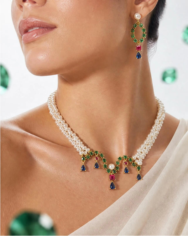 Royal Gemstone Festoon Pearl Set with Emerald, Ruby, and Sapphire Accents