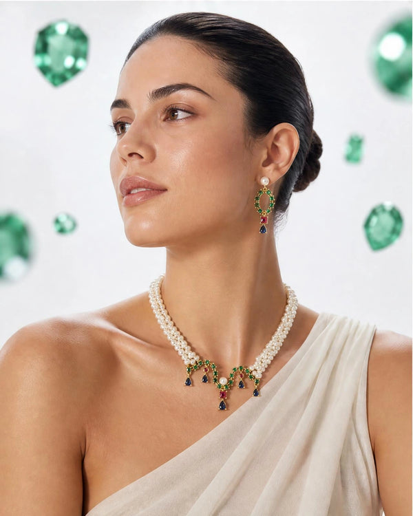 Royal Gemstone Festoon Pearl Set with Emerald, Ruby, and Sapphire Accents