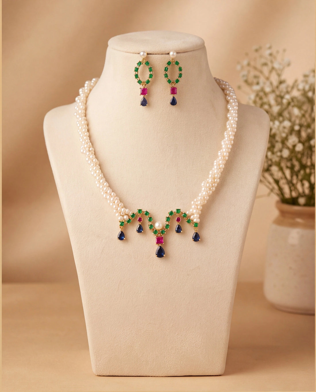 Royal Gemstone Festoon Pearl Set with Emerald, Ruby, and Sapphire Accents